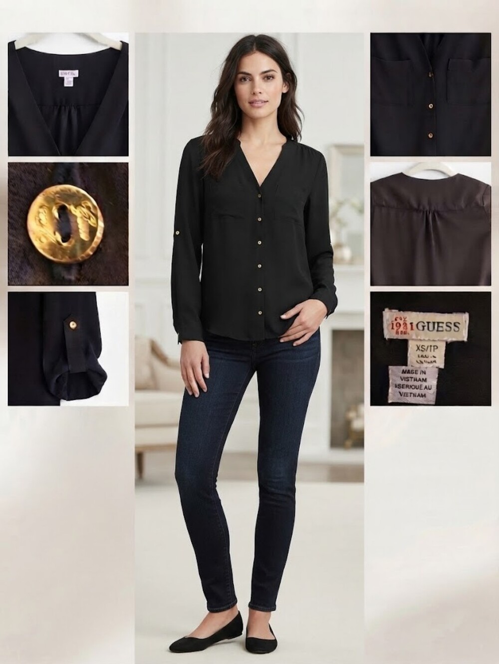 GUESS Black V-Neck Convertible Roll-Tab Sleeve Button Down Blouse (Size XS)